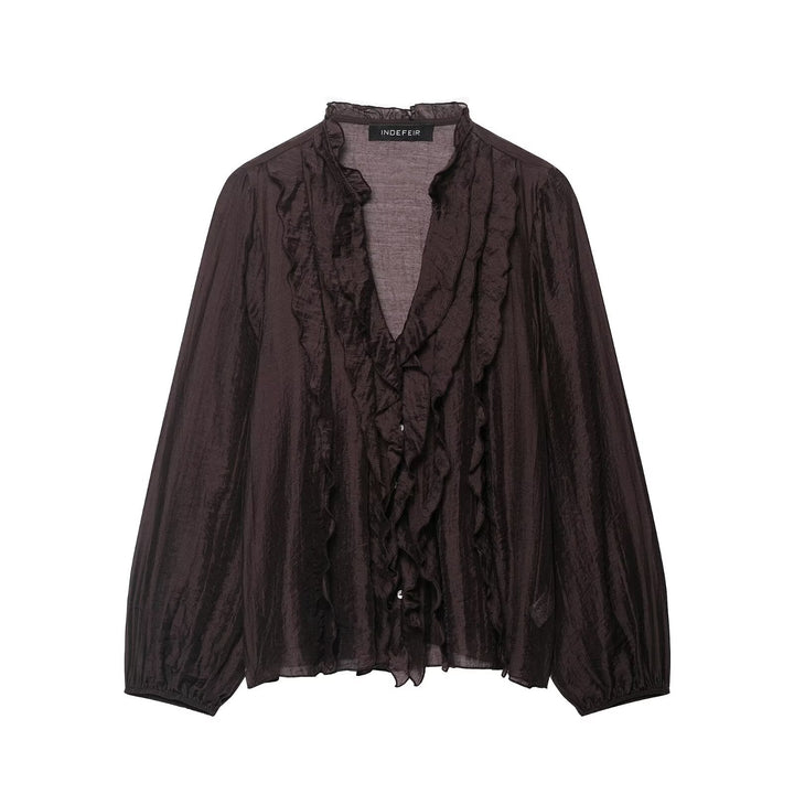 Women's Light Chiffon Blouse with Ruffle Button Placket and Balloon Sleeves Mune Fashion