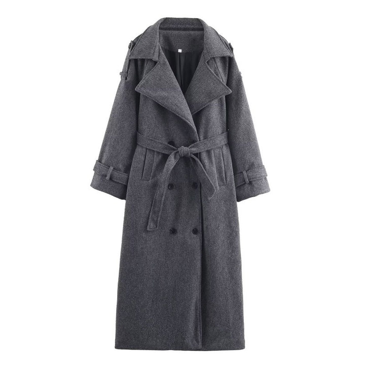 Women’s long double-breasted wool blend trench coat with belt and wide lapels Mune Fashion