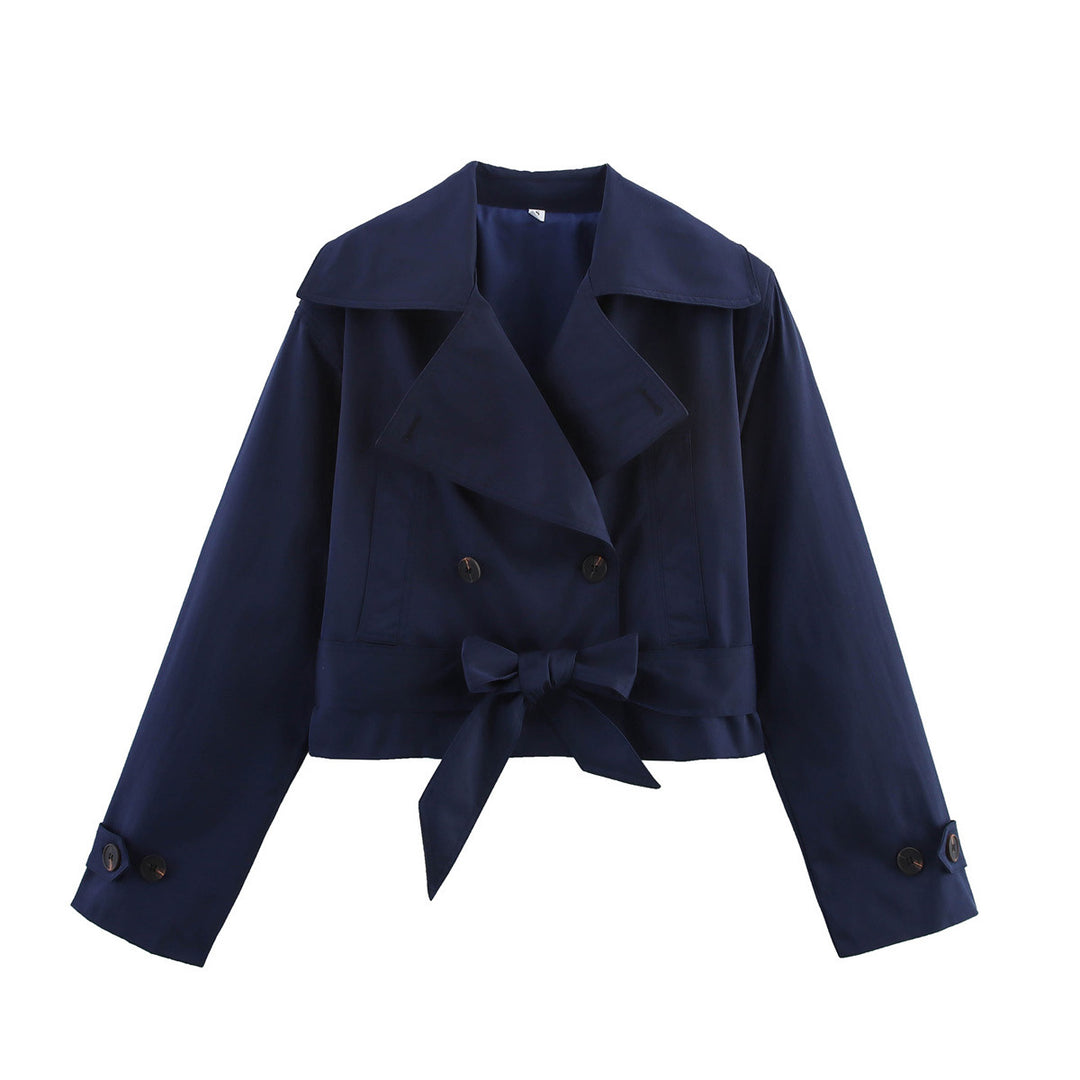 Women Cropped Trench Coat with Wide Lapels, Waist Belt and Double Button Row Mune Fashion
