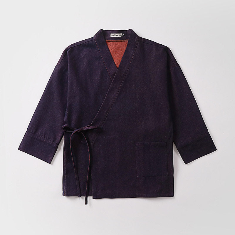 Unisex Lightweight Wrap Kimono Jacket made of Linen-Cotton Blend with Contrast Trim and Tie Belt Mune Fashion