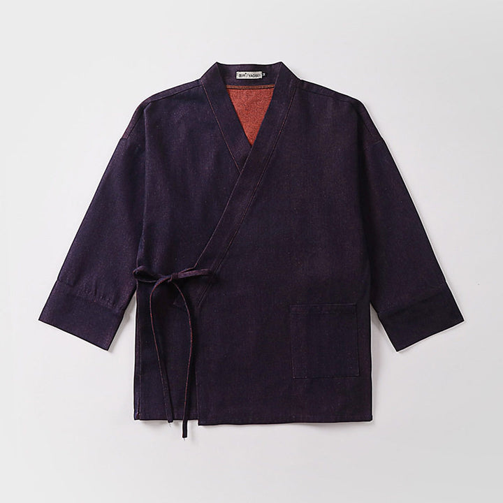 Unisex Lightweight Wrap Kimono Jacket made of Linen-Cotton Blend with Contrast Trim and Tie Belt Mune Fashion