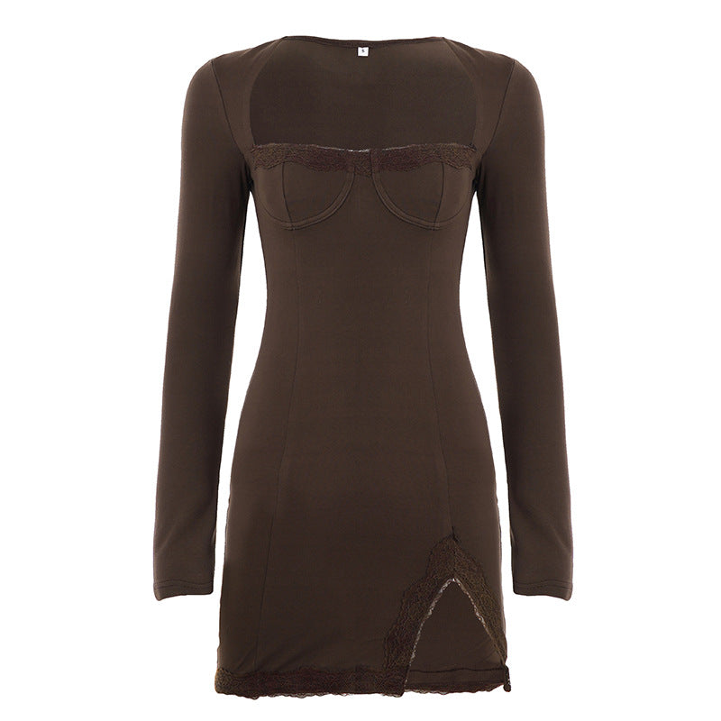Women’s slim-fitting long sleeve mini dress with corset look, shaped cups, and lace detail Mune Fashion