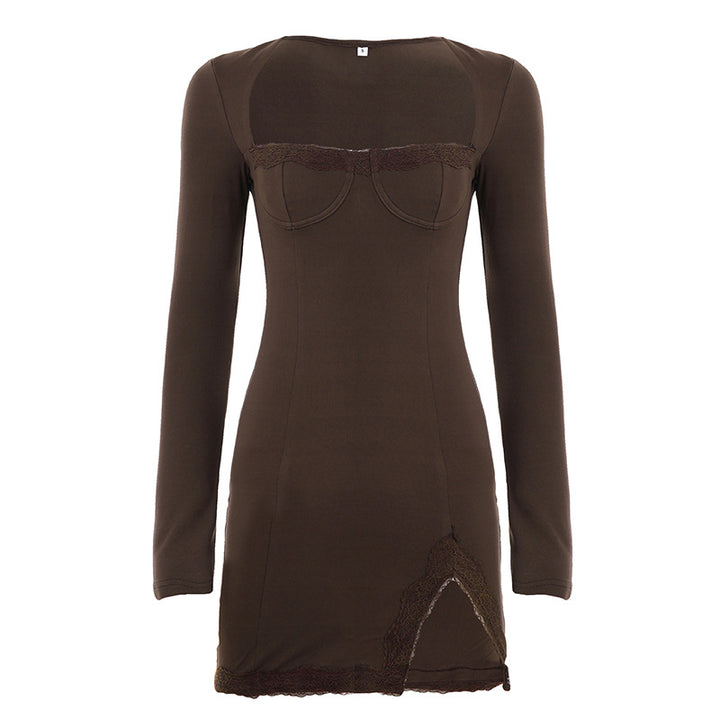 Women’s slim-fitting long sleeve mini dress with corset look, shaped cups, and lace detail Mune Fashion