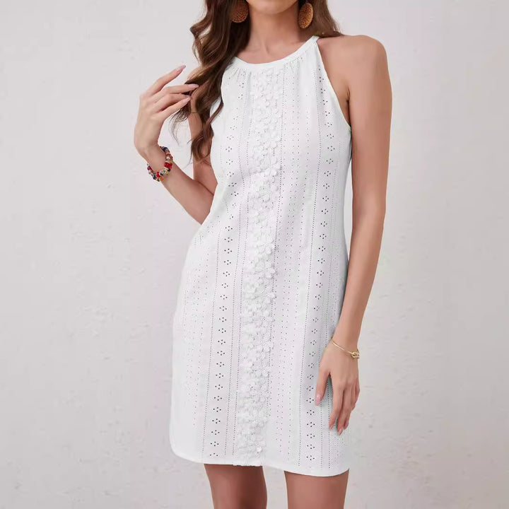 Women's sleeveless mini dress with neckholder, eyelet embroidery and floral crochet appliqué Mune Fashion