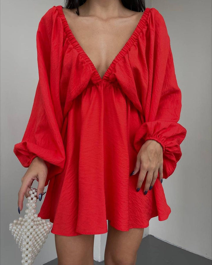 Women Loose Mini Dress with Deep V-Neck and Balloon Sleeves Mune Fashion