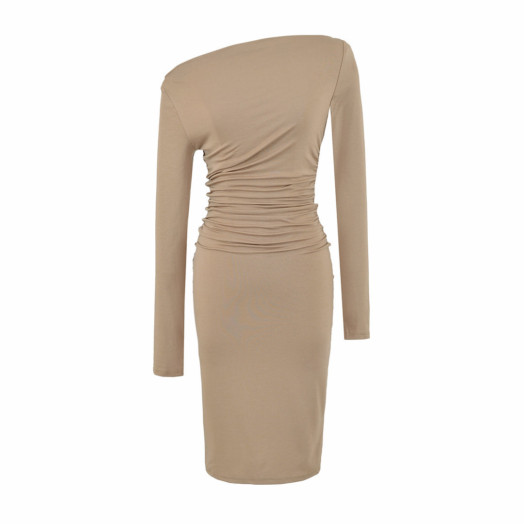 Women's Asymmetric One-Shoulder Midi Dress with Gathering and Long Sleeve Mune Fashion