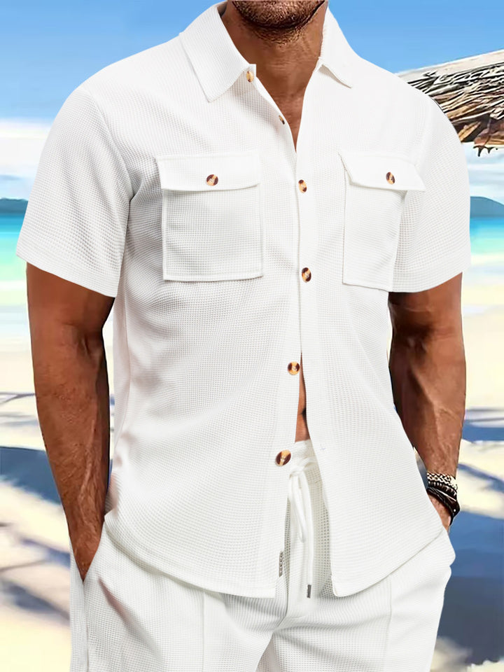 Men's structured waffle lounge set with shirt jacket, chest pockets and corded pants Mune Fashion