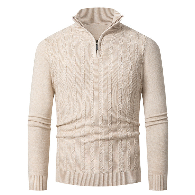 Men's Slim Fit Half-Zip Structured Pullover made of Merino Blend with Cable Knit Pattern and Stand-Up Collar Mune Fashion