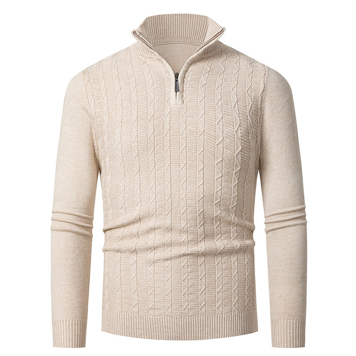 Men's Slim Fit Half-Zip Structured Pullover made of Merino Blend with Cable Knit Pattern and Stand-Up Collar Mune Fashion