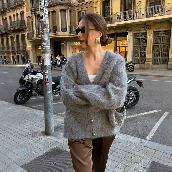 Women Fluffy Mohair-Optic Oversized Cardigan with V-Neck and Gold Decorative Buttons Mune Fashion