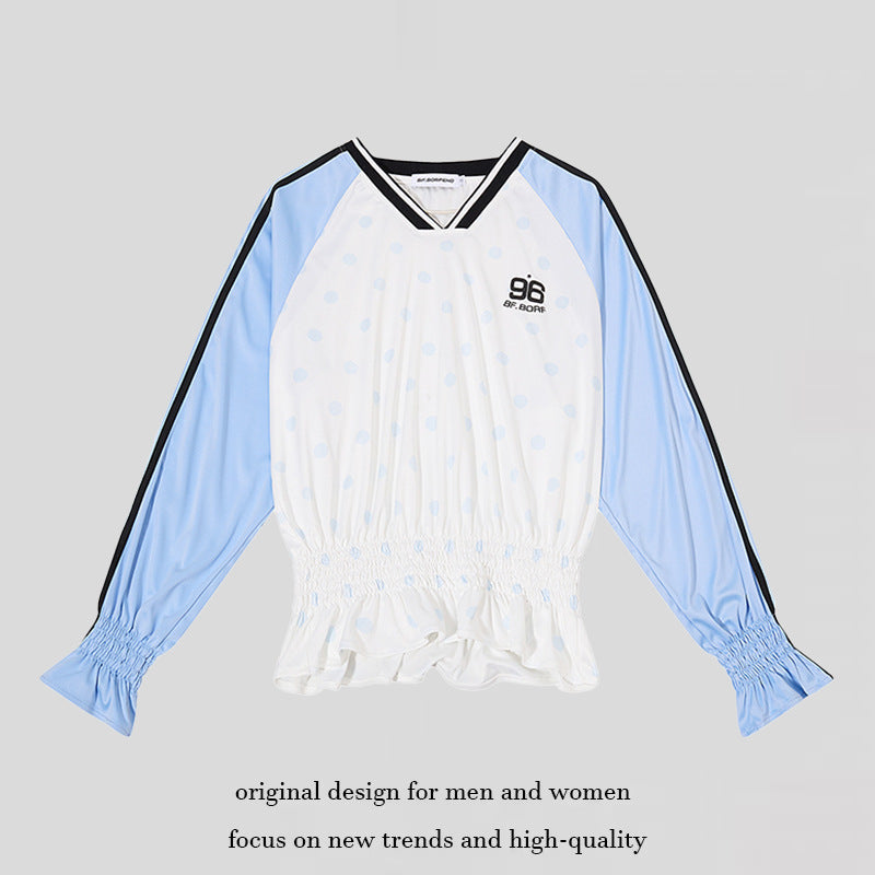 Women's Sporty Long Sleeve Shirt with Raglan Sleeves, Smocked Waistband and V-Neck Dress