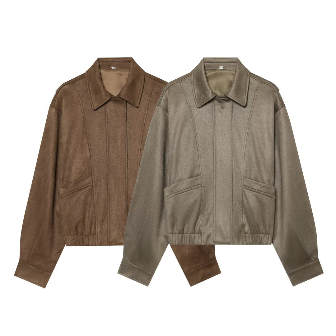 Women's Short Boxy Blouson in Suede Look with Flap Pockets Drune