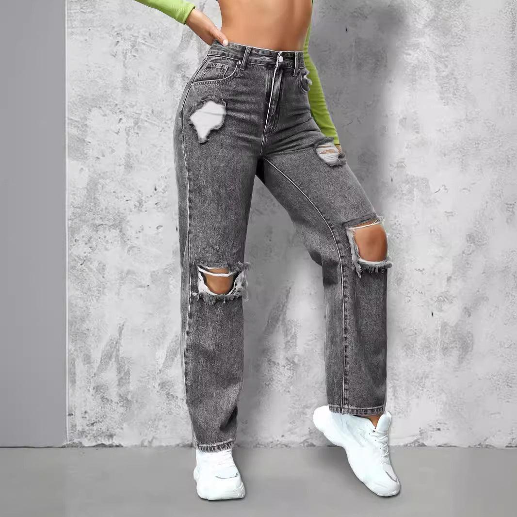 Ladies High-Waist Ripped Straight-Leg Jeans with Knee Cutouts and Used Wash Mune Fashion