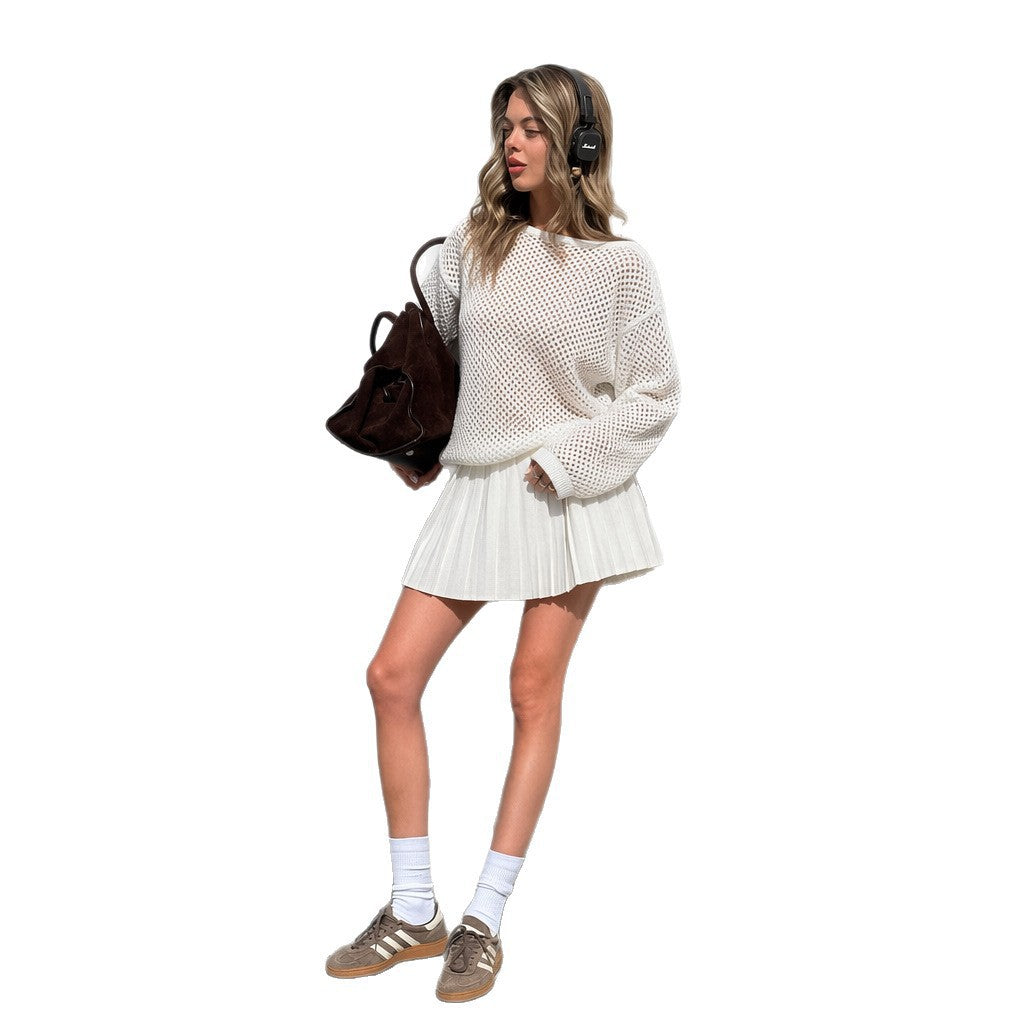 Women's oversized net knit sweater with pleated mini skirt set Mune Fashion