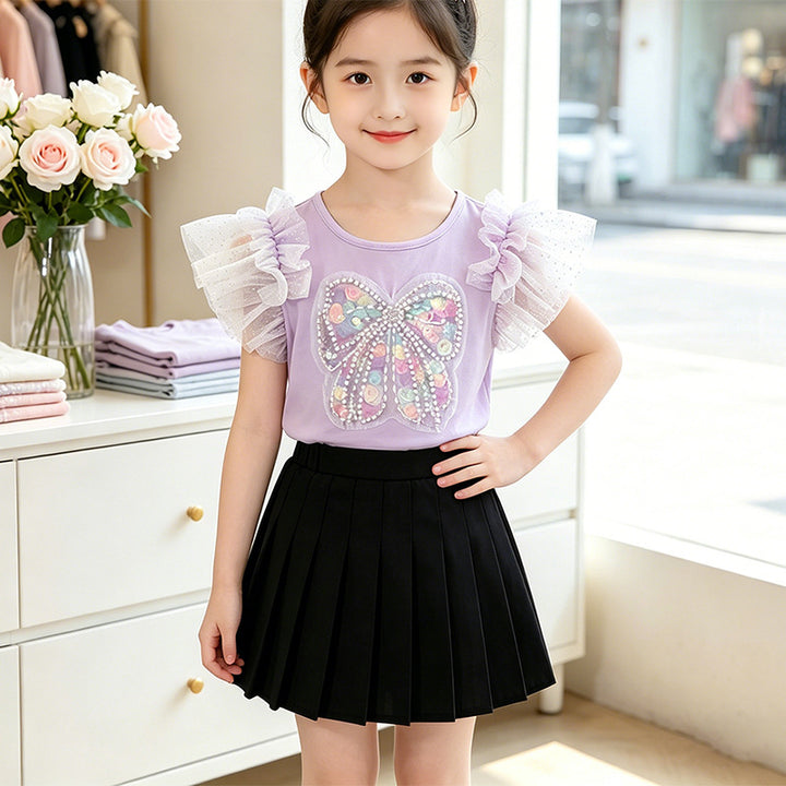 Girl's T-shirt with eye-catching butterfly design and lace sleeves Mune Fashion