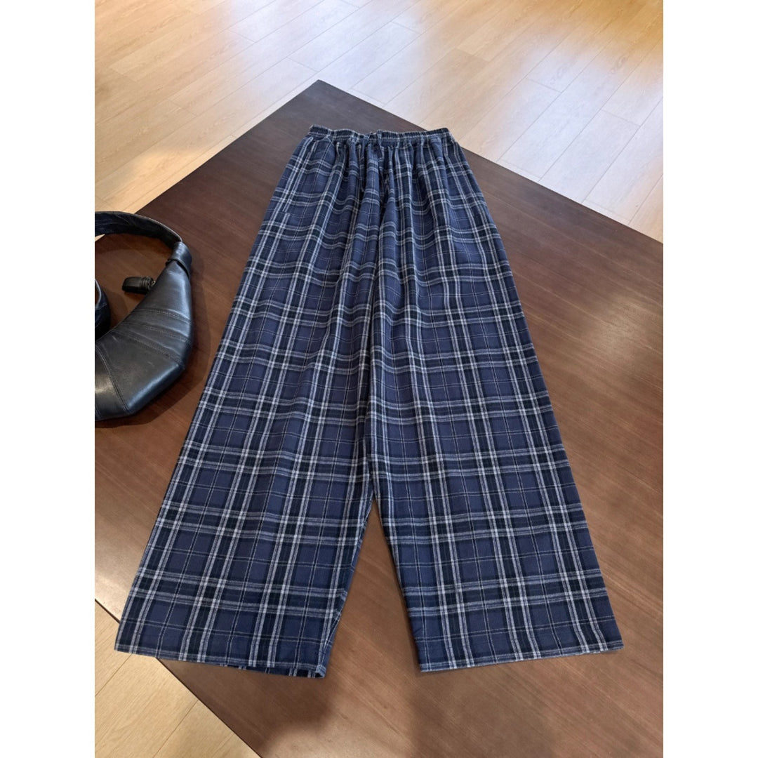Women Casual Wide Leg Trousers in Check Pattern Mune Fashion