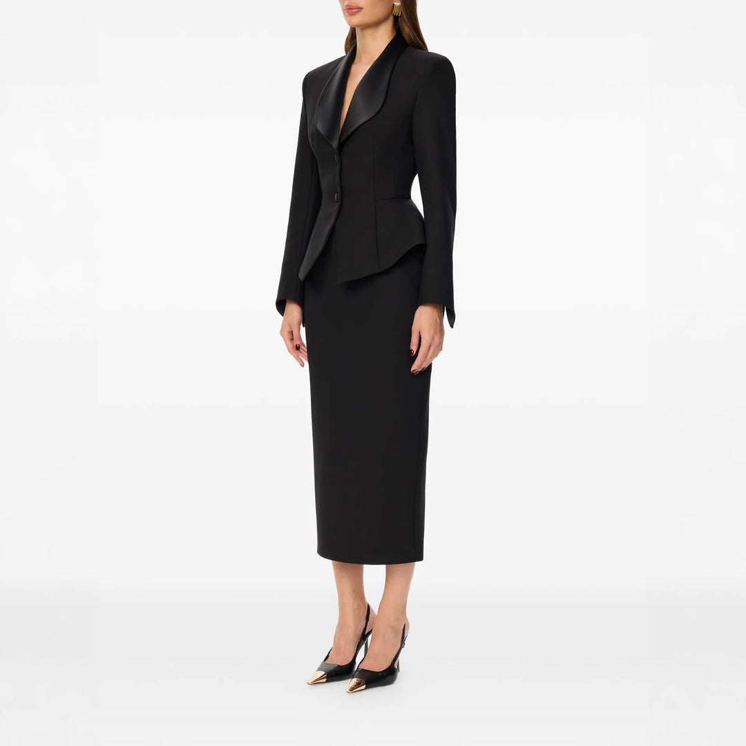 Women Tailored Blazer with Peplum Satin Shawl Collar and Slim Silhouette Mune Fashion