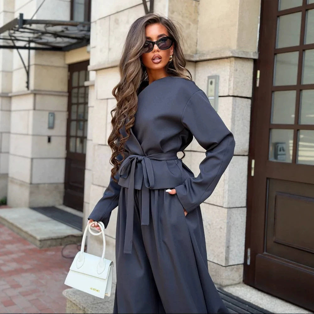 Women's Elegant Two-Piece Set with Wrap Jacket and Wide Pleat Trousers Mune Fashion