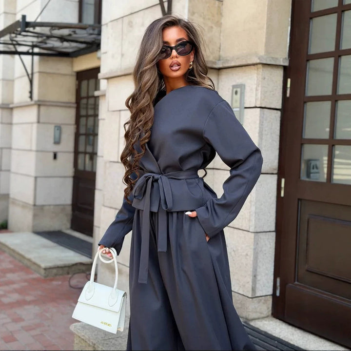 Women's Elegant Two-Piece Set with Wrap Jacket and Wide Pleat Trousers Mune Fashion