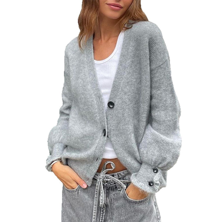 Women's casual cardigan with deep V-neck, button placket and balloon sleeves Mune Fashion