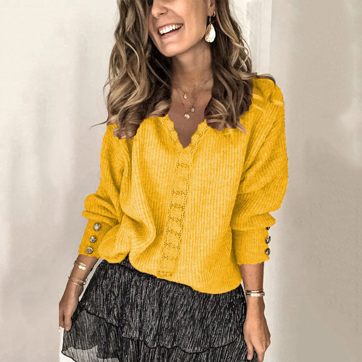 Women Oversize Fine Knit Sweater with Lace V-Neck and Decorative Button Sleeves Mune Fashion