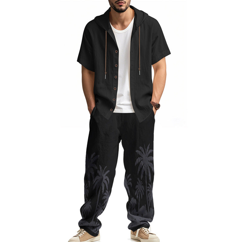 Men's casual summer ensemble with hoodie and wide palm motif pants Mune Fashion