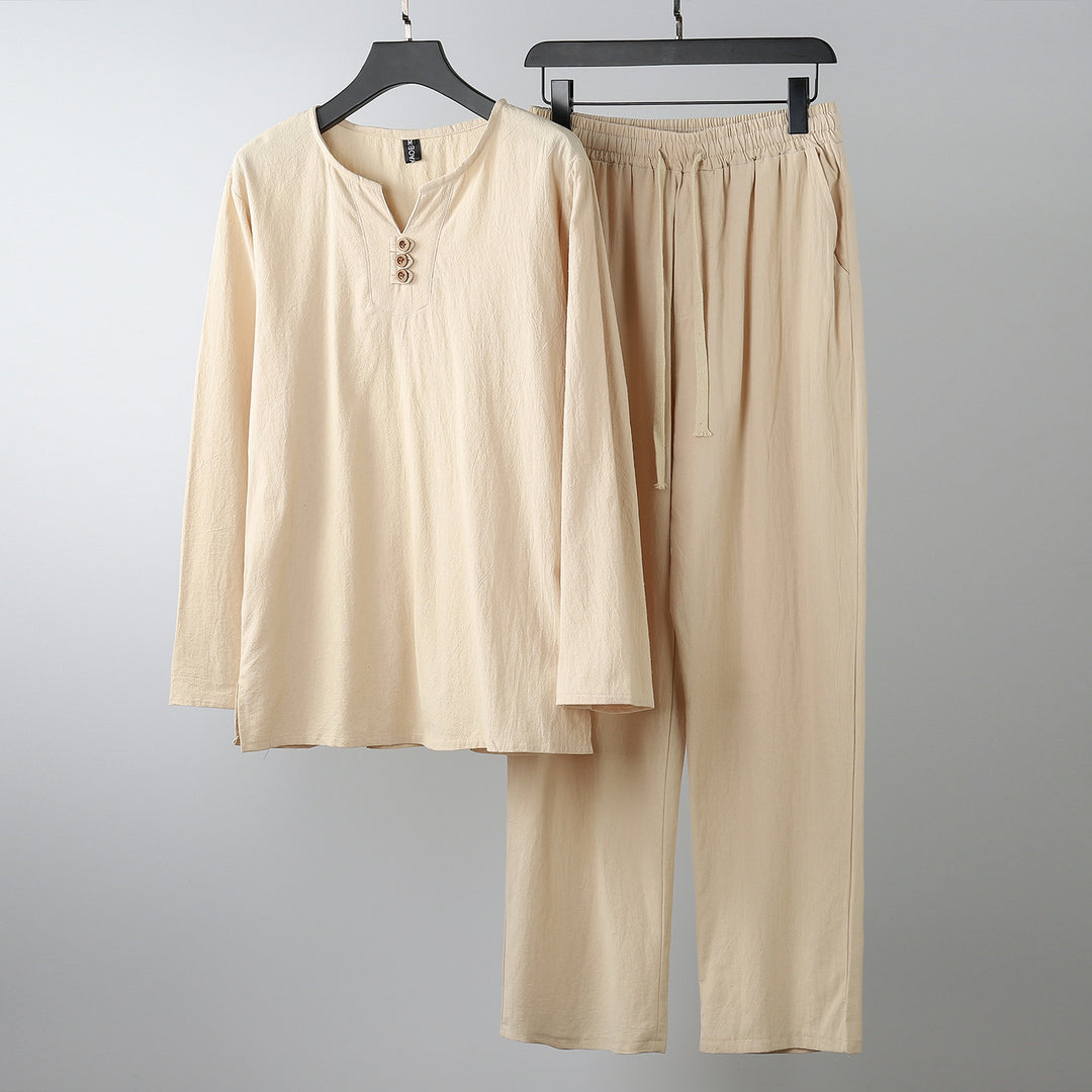 Women Comfortable Cotton Loungewear Set with Henley Neckline and Drawstring Pants Mune Fashion