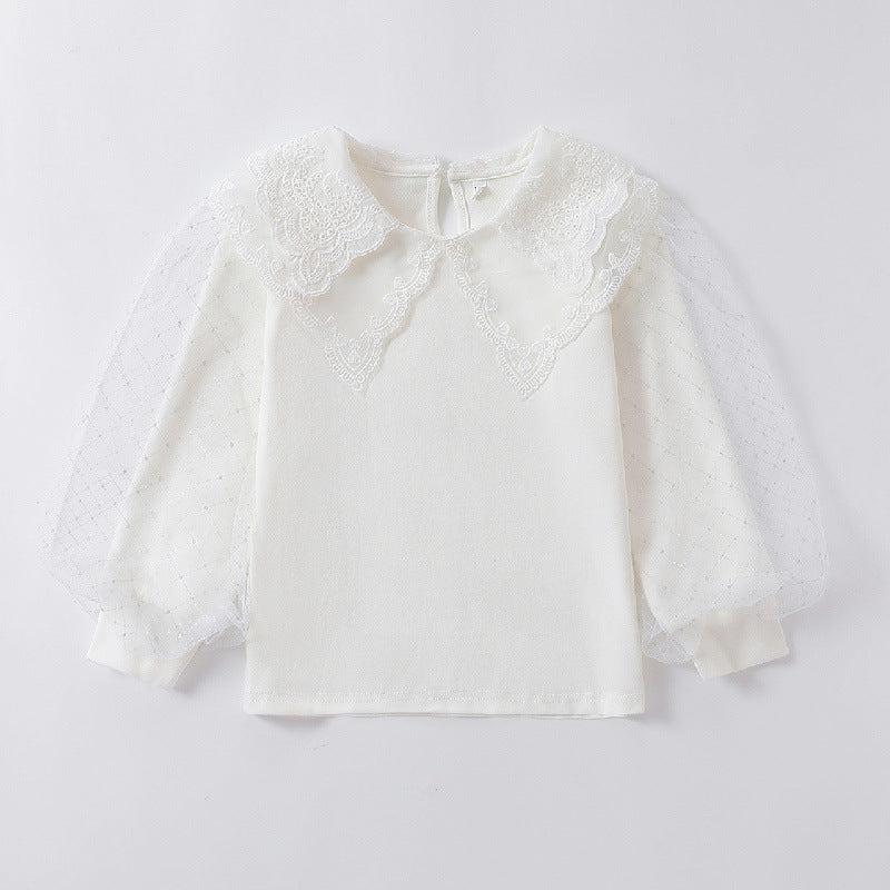 Girl blouse with romantic tulle sleeves and elegant lace accents Mune Fashion