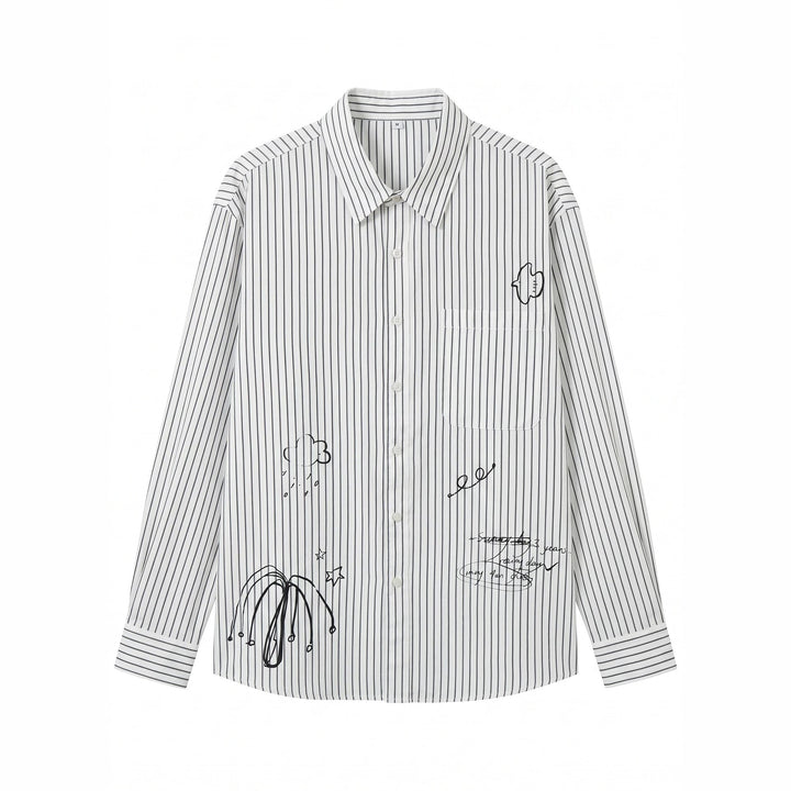 Women's oversized shirt blouse made of cotton blend with pinstripes, chest pocket, and doodle print Mune Fashion