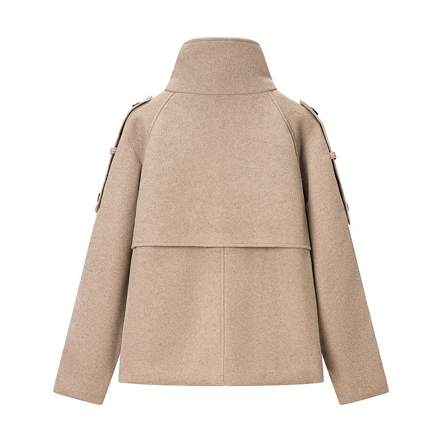 Women's Short Cut Double-Breasted Wool Blend Coat with High Standing Collar and Shoulder Straps Mune Fashion