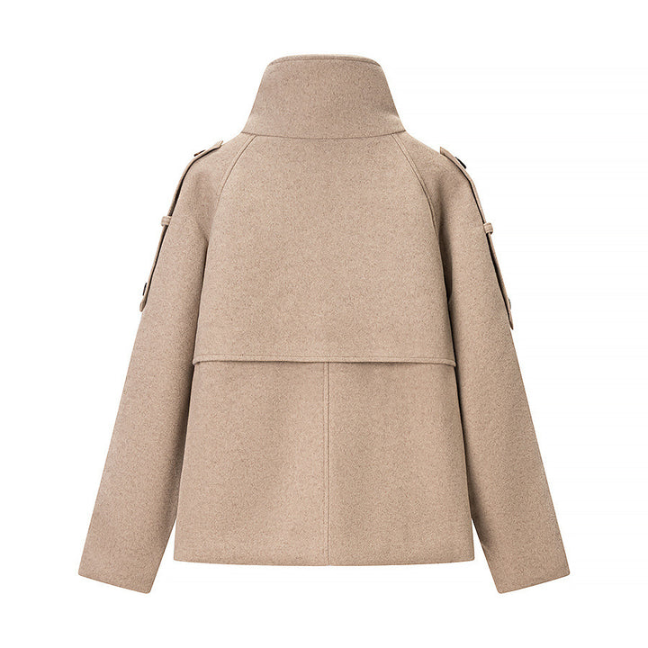 Women's Short Cut Double-Breasted Wool Blend Coat with High Standing Collar and Shoulder Straps Mune Fashion