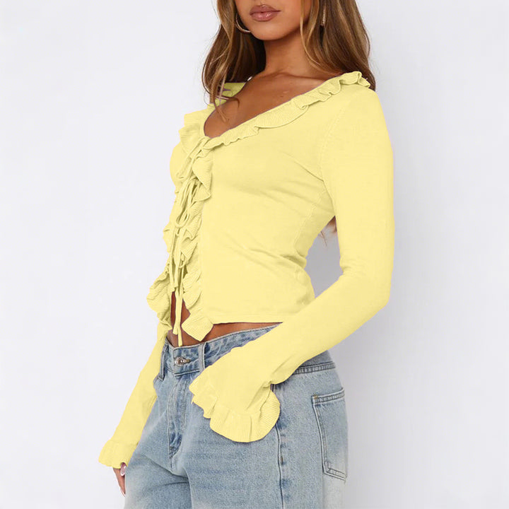 Women’s fitted ruffled fine knit cardigan with tie belt, V-neck and flounce sleeves Mune Fashion