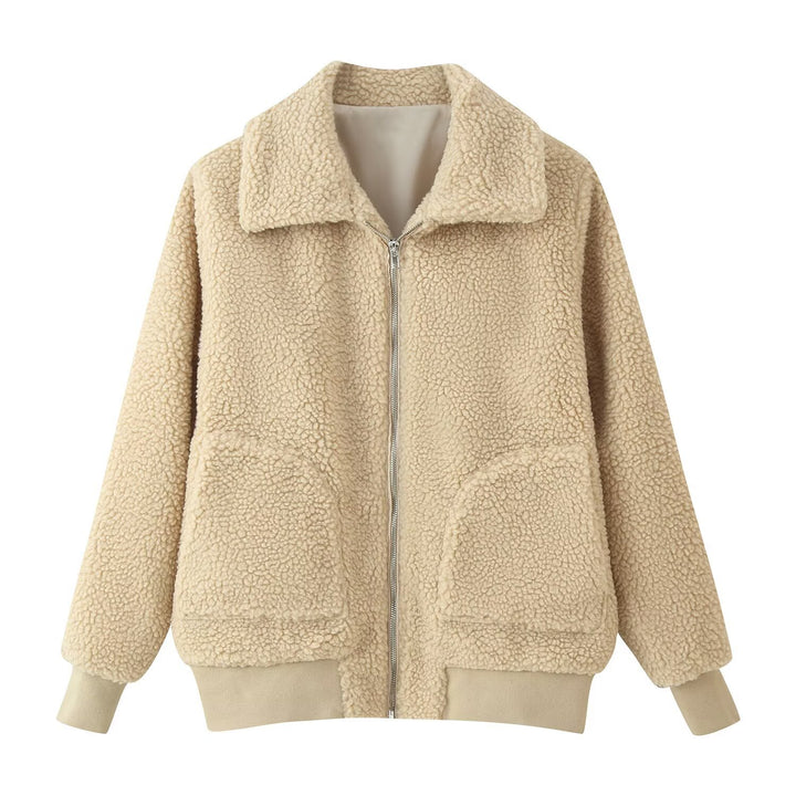 Ladies Oversized Teddy Jacket with Zipper, Collar and Patch Pockets Mune Fashion