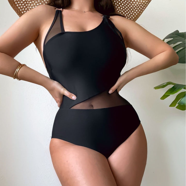 Ladies One-Piece Swimsuit with Transparent Inserts and Asymmetrical Design Mune Fashion