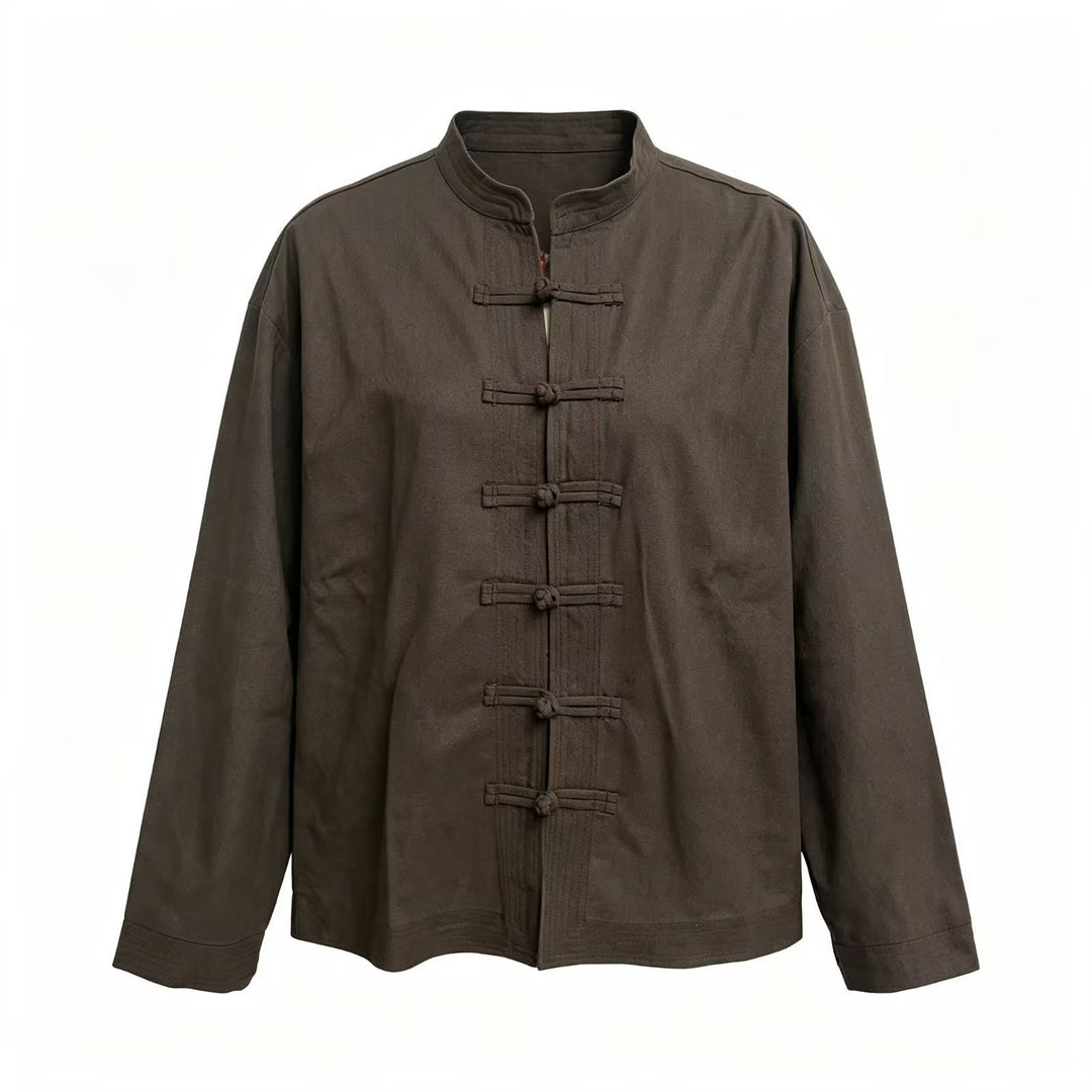 Women Loose Fit Blouse in Mandarin Look with Knot Buttons Mune Fashion