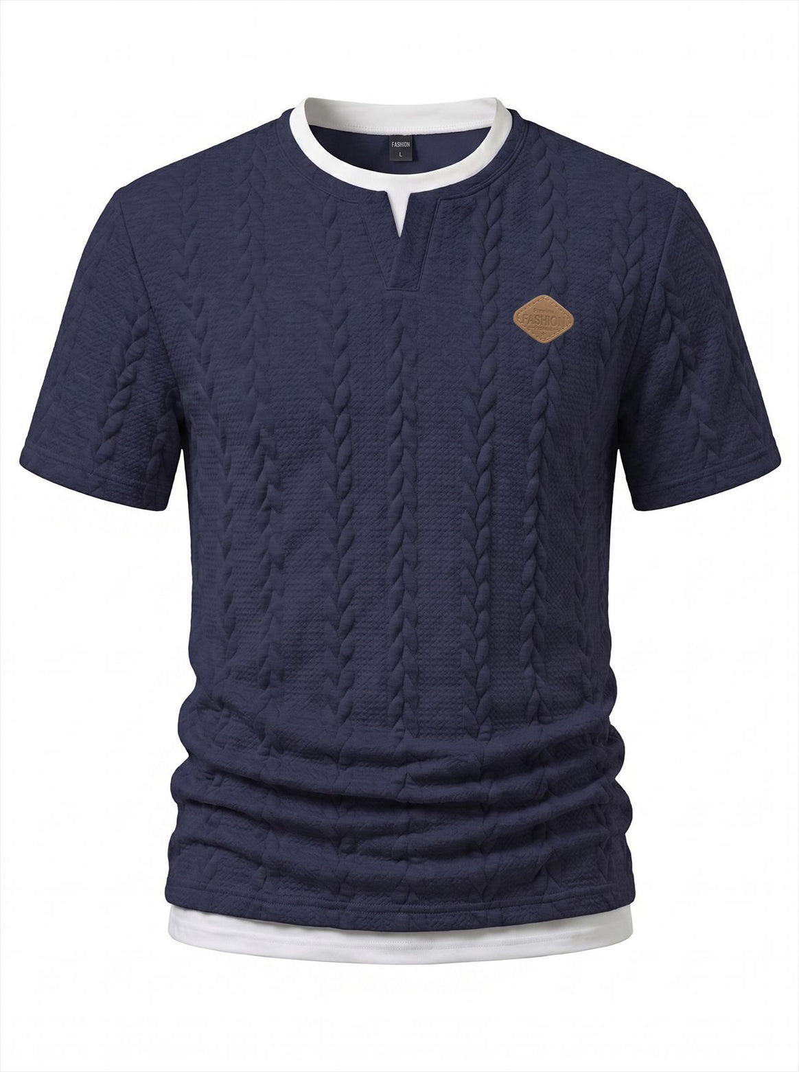 Men's textured short-sleeve shirt with embossed braid structure, V-insert at the round neck and layered look Mune Fashion
