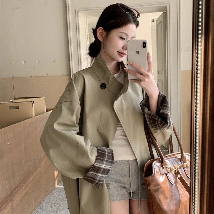 Women's Short Trench with Stand-Up Collar, Concealed Snap Placket and Checked Sleeve Trim Mune Fashion