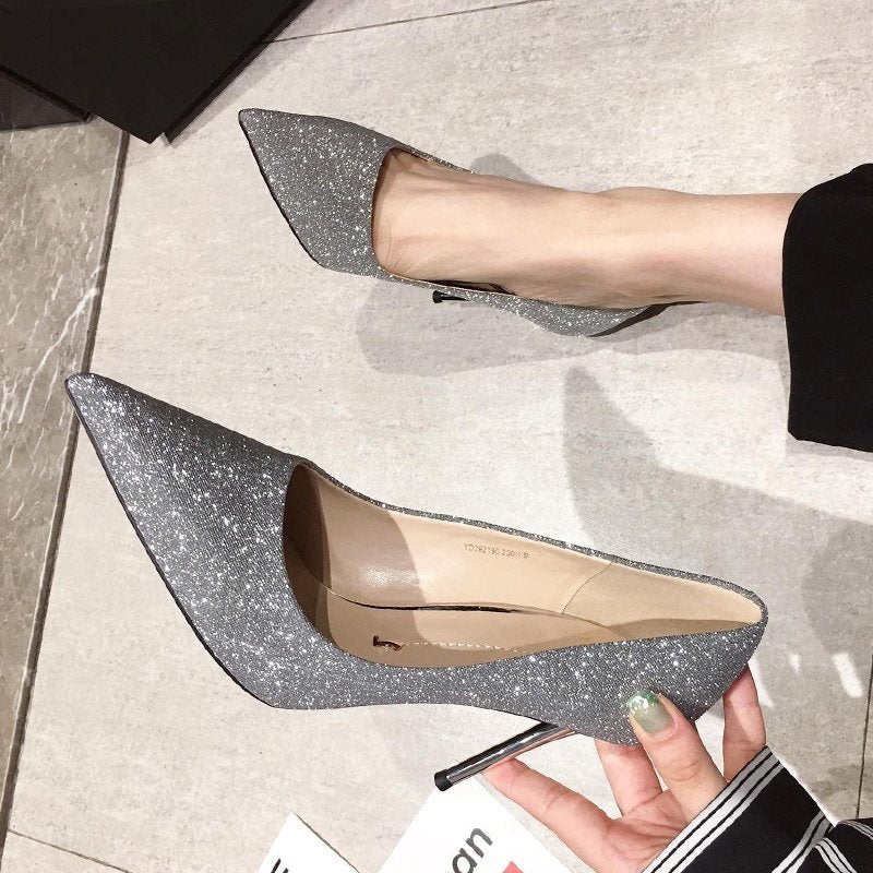 Ladies glamorous lace stiletto pumps with glitter surface and ergonomic comfort insole Mune Fashion