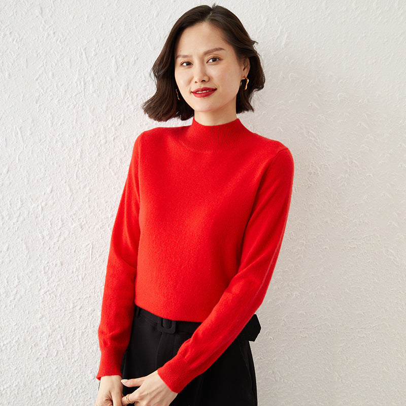 Women Luxurious Cashmere Fine Knit Sweater with Standing Collar Mune Fashion