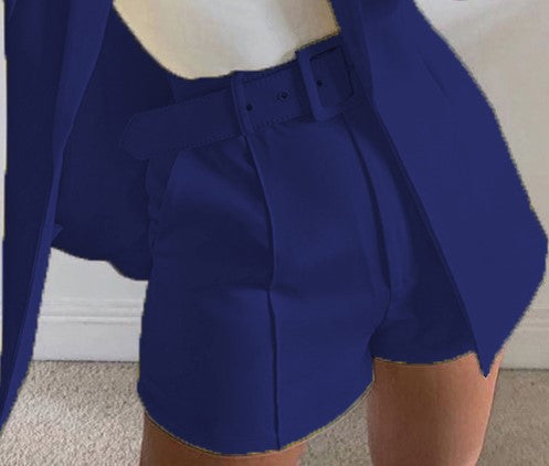 Women's Two-Piece Tailored Blazer Set with High-Waisted Shorts and Belt Mune Fashion