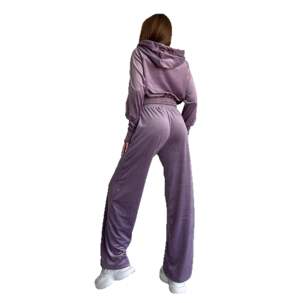 Ladies Velvet Lounge Set with Cropped Hooded Jacket and High-Waist Wide Leg Mune Fashion