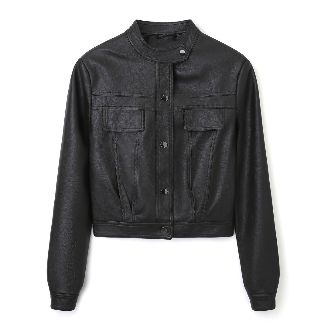 Women's Short Cut Leather Jacket with Stand-Up Collar and Flap Pockets Mune Fashion