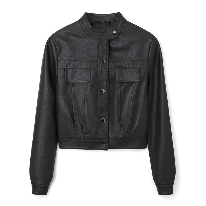 Women's Short Cut Leather Jacket with Stand-Up Collar and Flap Pockets Mune Fashion