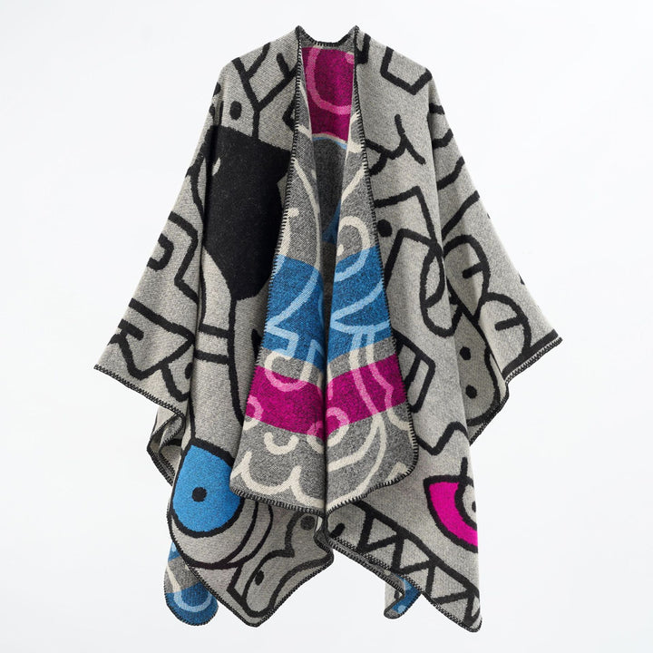 Women's Reversible Knit Poncho in Cozy Cape with Graphic Jacquard Pattern