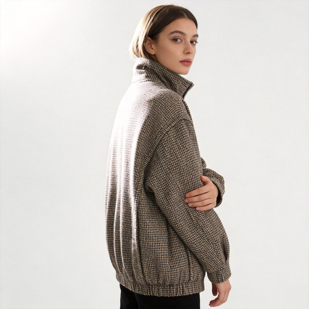 Women Structured Knitted Bomber Jacket with High Stand-Up Collar and Ribbed Hem Mune Fashion