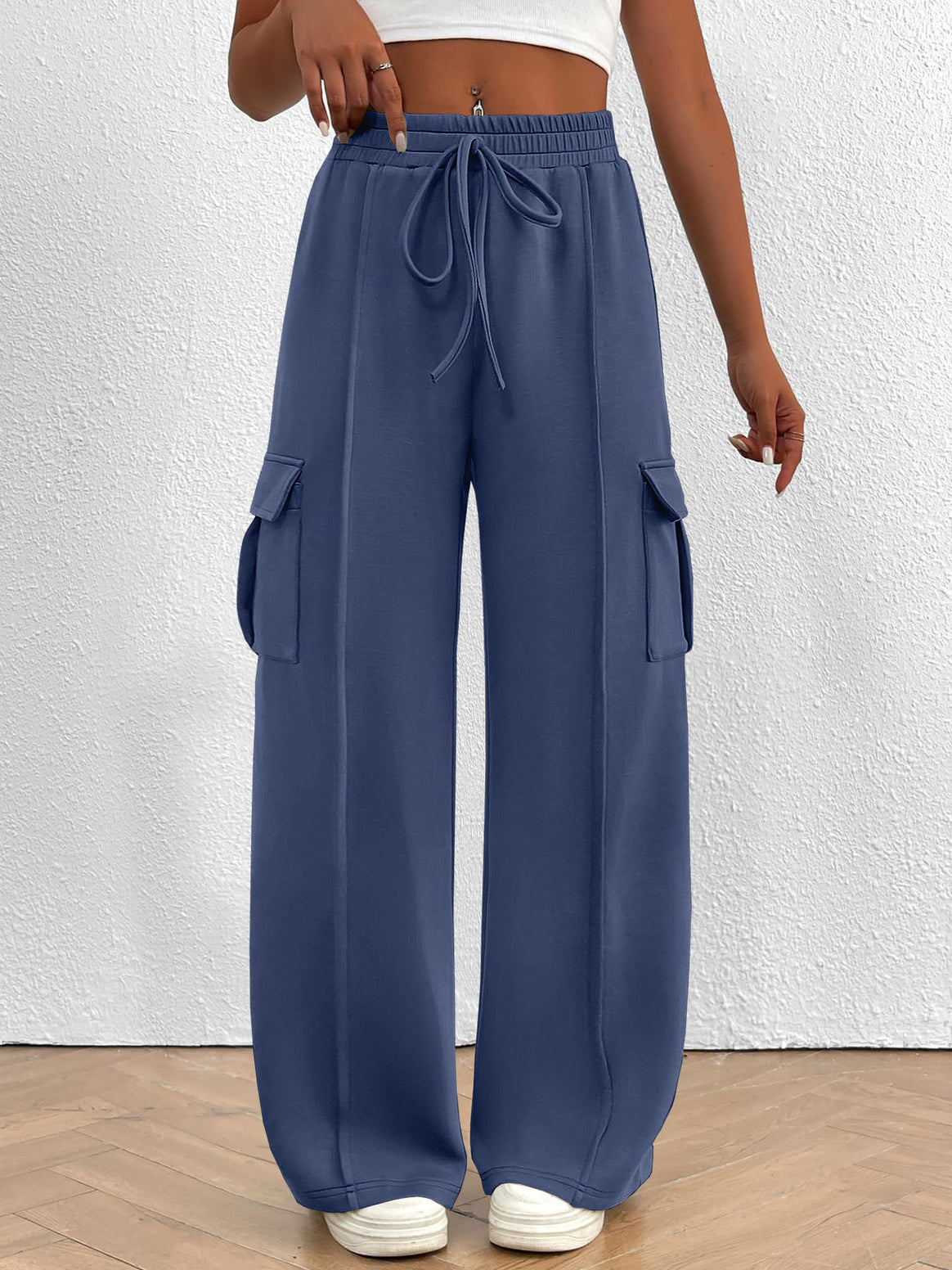 Women Wide Cargo Lounge Pants with Drawstring Waist and Flap Pockets Mune Fashion
