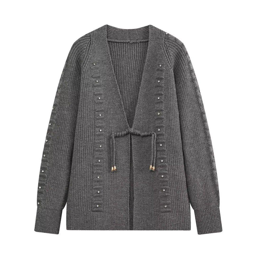 Women Chunky Knit Long Cardigan with Decorative Stones and Drawstring Ties Drune