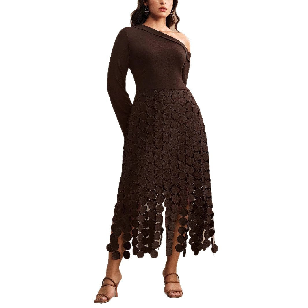 Women’s Asymmetrical Midi Dress with One Shoulder Top and Circle Appliqué Skirt Mune Fashion
