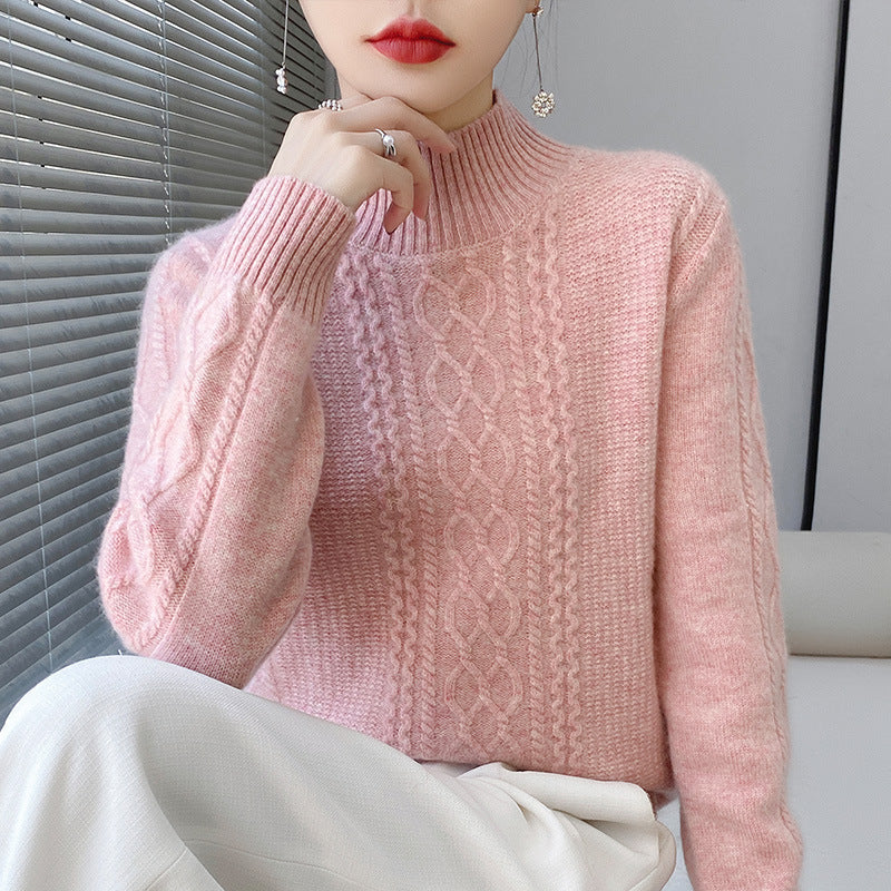 Women's Soft Cable Knit Mock Neck Sweater with Light Mohair Effect Mune Fashion