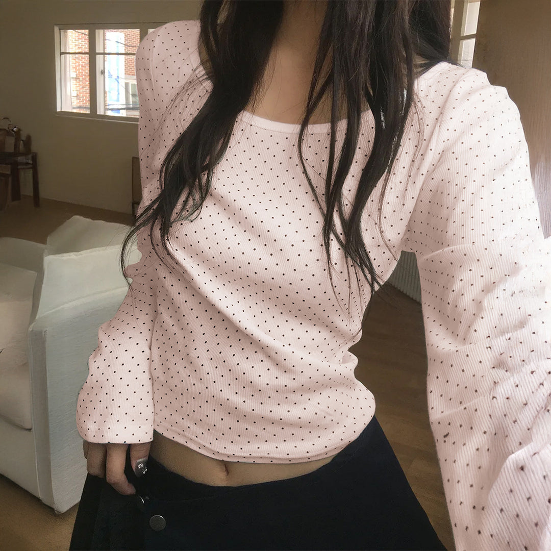 Women's knitted cropped long sleeve with fine polka dot pattern and U-neck Mune Fashion